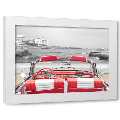 Vintage car near the beach in Cuba White Modern Wood Framed Art Print by Frank, Assaf