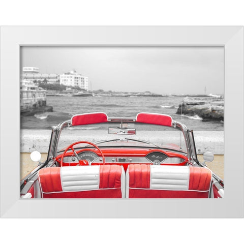 Vintage car near the beach in Cuba White Modern Wood Framed Art Print by Frank, Assaf