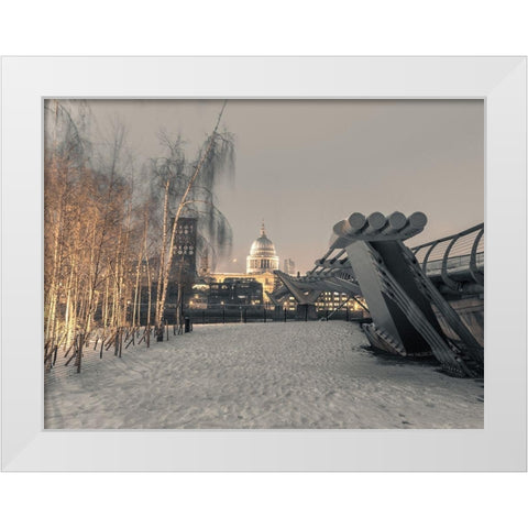 St Pauls Cathedral and Millennium Bridge in snow-London-UK White Modern Wood Framed Art Print by Frank, Assaf