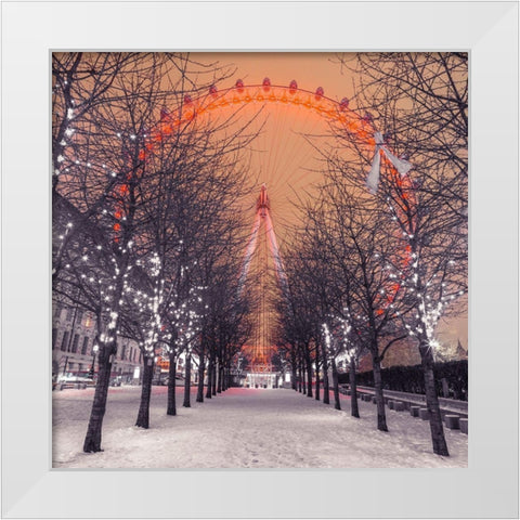 London Eye at night with trees in the foreground lit with lights and snow on the pathway-London-UK White Modern Wood Framed Art Print by Frank, Assaf