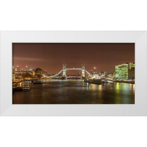 Tower Bridge and HMS Belfast at night White Modern Wood Framed Art Print by Frank, Assaf