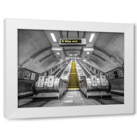 Escalators at subway station White Modern Wood Framed Art Print by Frank, Assaf