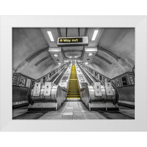 Escalators at subway station White Modern Wood Framed Art Print by Frank, Assaf