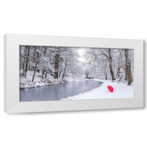 Umbrella by a snowy canal White Modern Wood Framed Art Print by Frank, Assaf