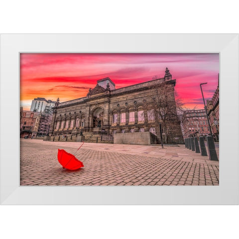 Red umbrella outside-city museum White Modern Wood Framed Art Print by Frank, Assaf