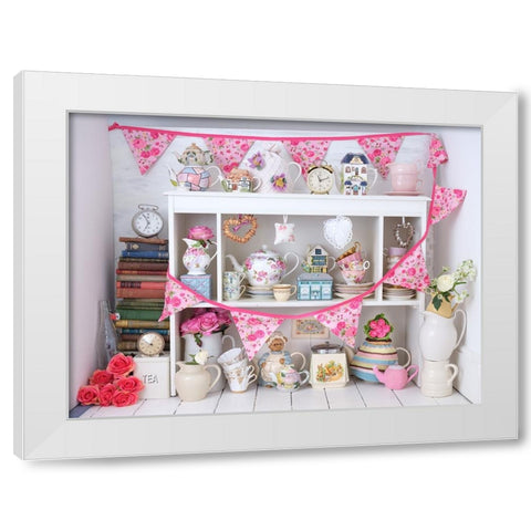 Vintage tea pots, cups , clocks with bunting White Modern Wood Framed Art Print by Frank, Assaf