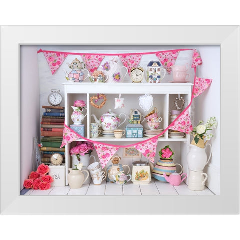 Vintage tea pots, cups , clocks with bunting White Modern Wood Framed Art Print by Frank, Assaf