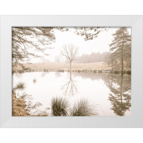 Misty trees around a lake White Modern Wood Framed Art Print by Frank, Assaf