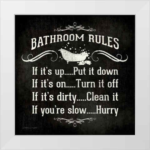 Bathroom Rules - Black White Modern Wood Framed Art Print by Marrott, Stephanie