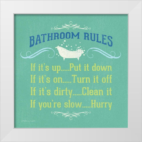 Bathroom Rules  - Green White Modern Wood Framed Art Print by Marrott, Stephanie