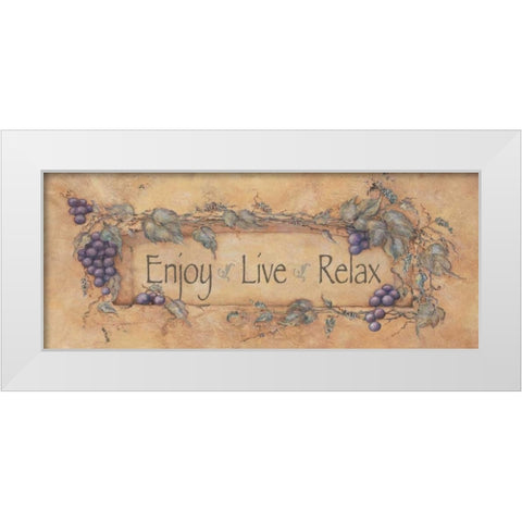 Enjoy Live Relax White Modern Wood Framed Art Print by Marrott, Stephanie