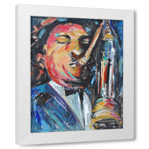 Sax Man White Modern Wood Framed Art Print by Stevens, Allayn