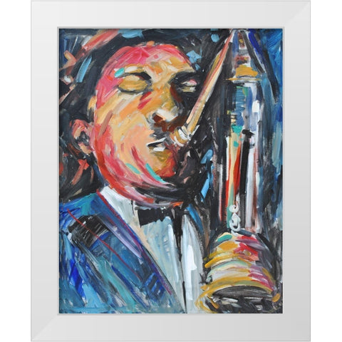 Sax Man White Modern Wood Framed Art Print by Stevens, Allayn