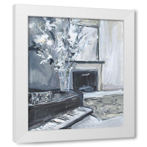 Piano And Fireplace White Modern Wood Framed Art Print by Stevens, Allayn