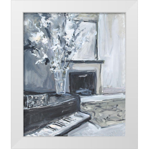 Piano And Fireplace White Modern Wood Framed Art Print by Stevens, Allayn