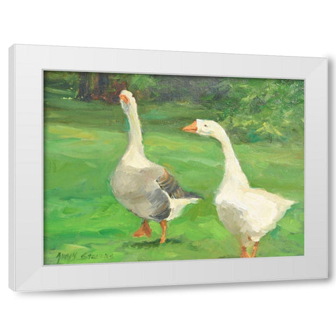 Geese Stroll White Modern Wood Framed Art Print by Stevens, Allayn