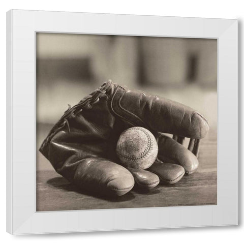Ball In Mitt White Modern Wood Framed Art Print by Messer, Judy B.