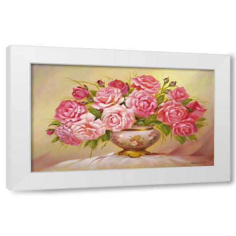 Pink Roses White Modern Wood Framed Art Print by Dvoretskiy, Petrovich