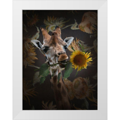 Giraf Met Bloem White Modern Wood Framed Art Print by Babette