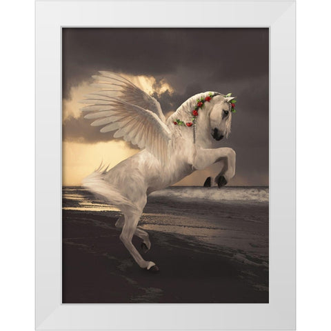 Pegasus With Roses White Modern Wood Framed Art Print by Babette
