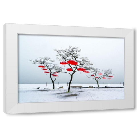 Red Umbrellas White Modern Wood Framed Art Print by Kostka, Vladimir