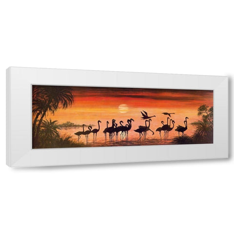 FLAMINGOS IN THE SUNSET White Modern Wood Framed Art Print by Werner