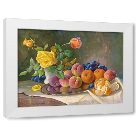 YELLOW ROSE AND FRUITS White Modern Wood Framed Art Print by Krueger, E.