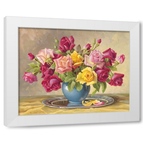 ROSES IN A BLUE VASE White Modern Wood Framed Art Print by Krueger, E.