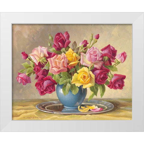ROSES IN A BLUE VASE White Modern Wood Framed Art Print by Krueger, E.