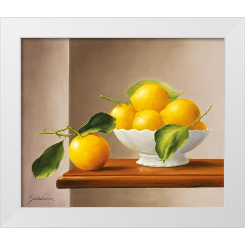 LEMONS WITH GREEN White Modern Wood Framed Art Print by Schoelnhammer, Heinz