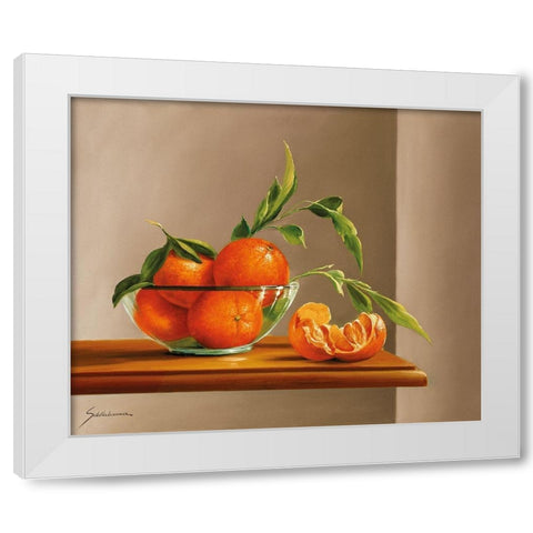 TANGERINES WITH GREEN White Modern Wood Framed Art Print by Schoelnhammer, Heinz