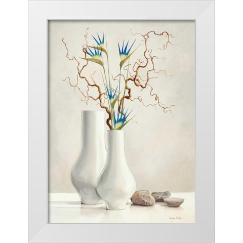 Willow Twigs With Blue Flowers White Modern Wood Framed Art Print by van der Valk, Karin