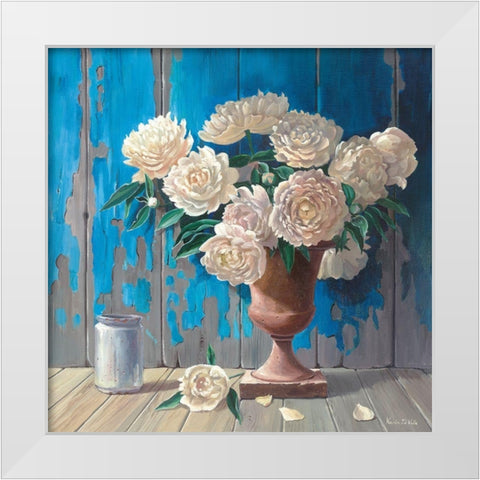 AGED WOOD AND PEONIES White Modern Wood Framed Art Print by v.d. Valk, Karin