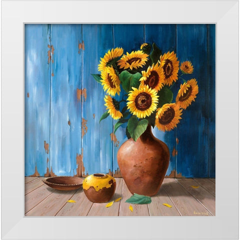 AGED WOOD AND SUNFLOWERS White Modern Wood Framed Art Print by v.d. Valk, Karin