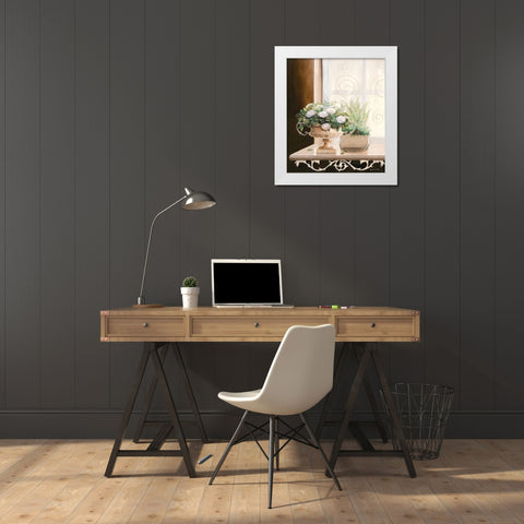 FLOWERS AT THE WINDOW I White Modern Wood Framed Art Print by v.d. Valk, Karin