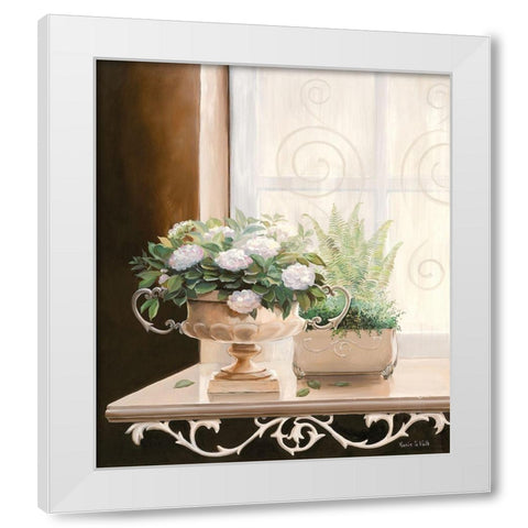 FLOWERS AT THE WINDOW I White Modern Wood Framed Art Print by v.d. Valk, Karin