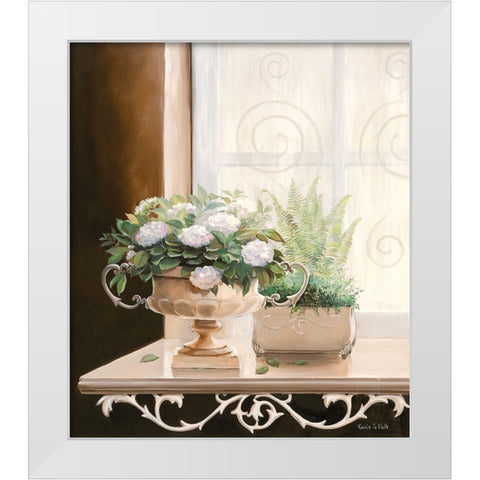 FLOWERS AT THE WINDOW I White Modern Wood Framed Art Print by v.d. Valk, Karin
