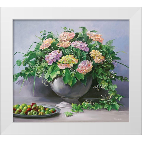 FLOWERS AND APPLES White Modern Wood Framed Art Print by v.d. Valk, Karin