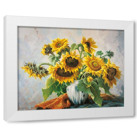 SUNFLOWERS White Modern Wood Framed Art Print by Krueger, E.