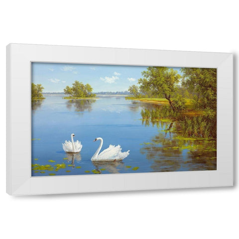 SWANS ON THE LAKE White Modern Wood Framed Art Print by Slava
