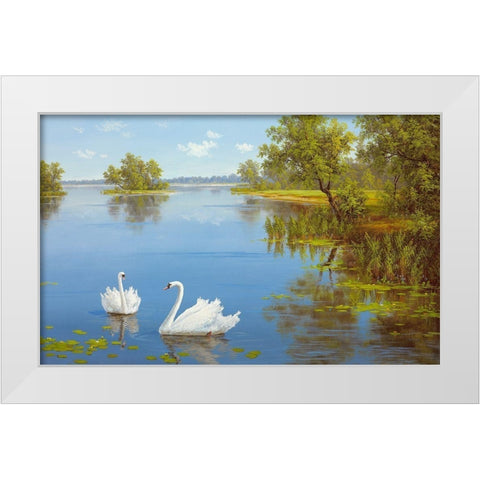 SWANS ON THE LAKE White Modern Wood Framed Art Print by Slava