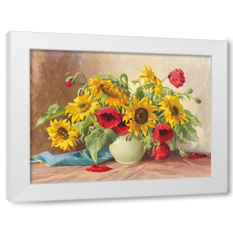 POPPIES AND SUNFLOWERS White Modern Wood Framed Art Print by Krueger, E.