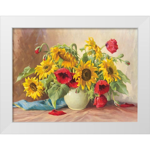 POPPIES AND SUNFLOWERS White Modern Wood Framed Art Print by Krueger, E.