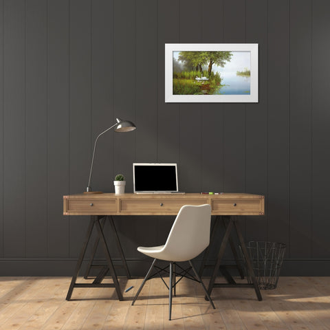 SWANS AT THE POND I White Modern Wood Framed Art Print by Slava