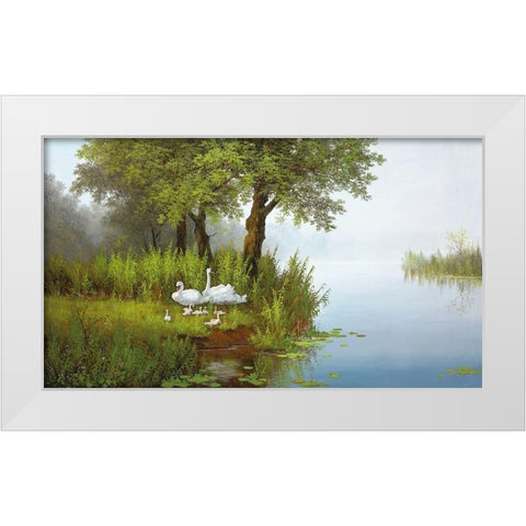 SWANS AT THE POND I White Modern Wood Framed Art Print by Slava