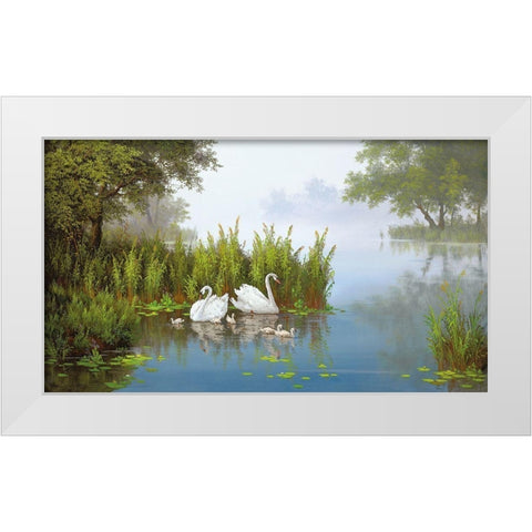 SWANS AT THE POND II White Modern Wood Framed Art Print by Slava