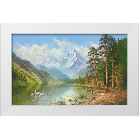 SWAN FAMILY IN SPRINGTIME White Modern Wood Framed Art Print by Glassl, Helmut