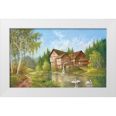 Mill With Swans White Modern Wood Framed Art Print by Glassl, Helmut