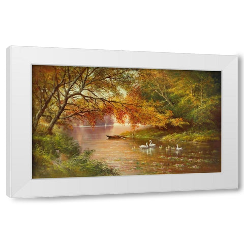Swan Family In Autumn White Modern Wood Framed Art Print by Glassl, Helmut