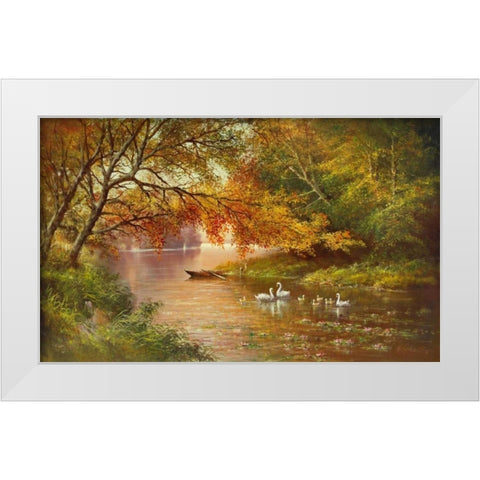 Swan Family In Autumn White Modern Wood Framed Art Print by Glassl, Helmut